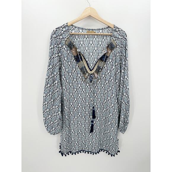 Skemo Women Size Small Blue Printed Sequin Tassel Tunic Swim Coverup Boho - Picture 1 of 9